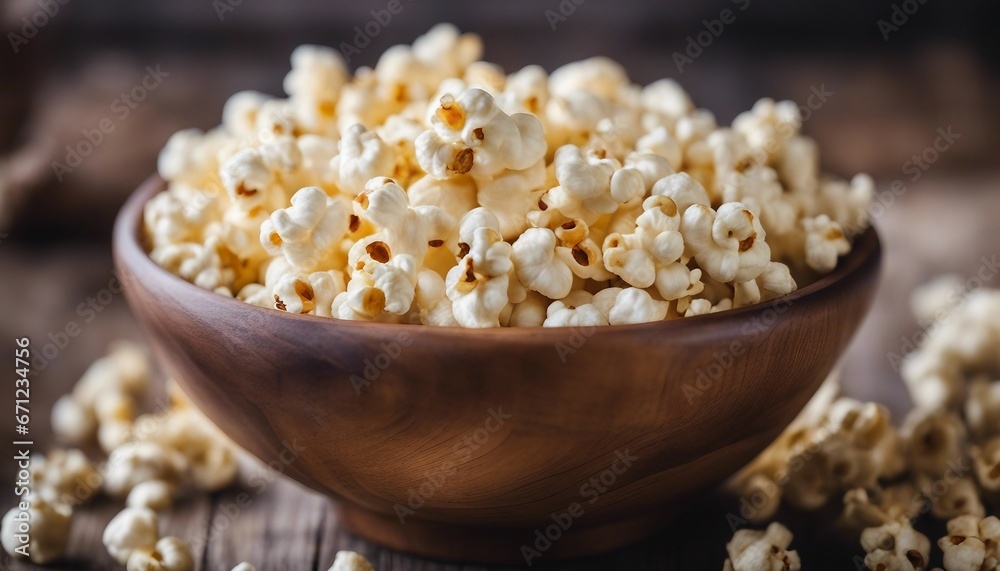 A wooden bowl of salted popcorn at the old wooden table A wooden bowl of salted popcorn at the old wooden table