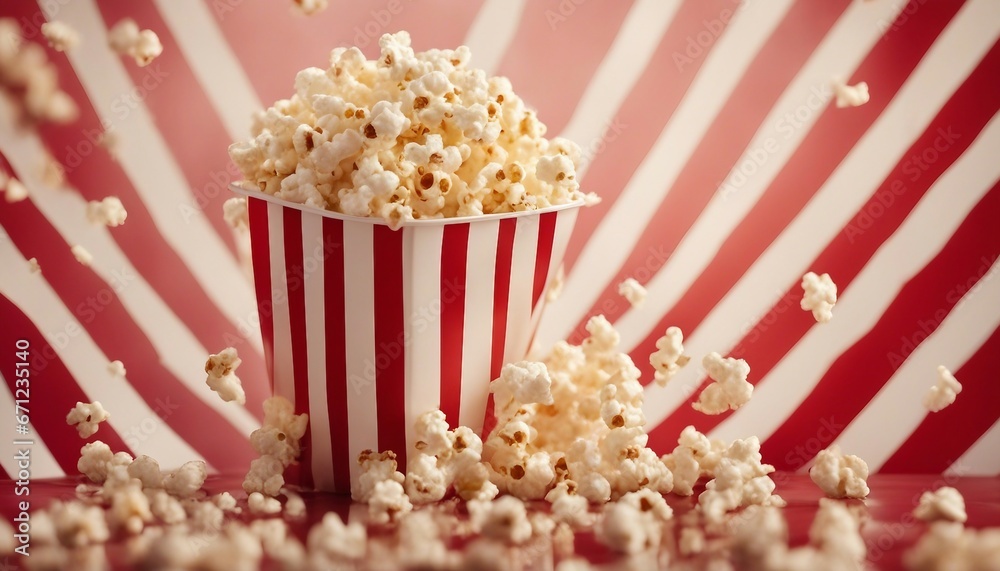 Spilled popcorn and paper bucket in red strip box, isolated background
