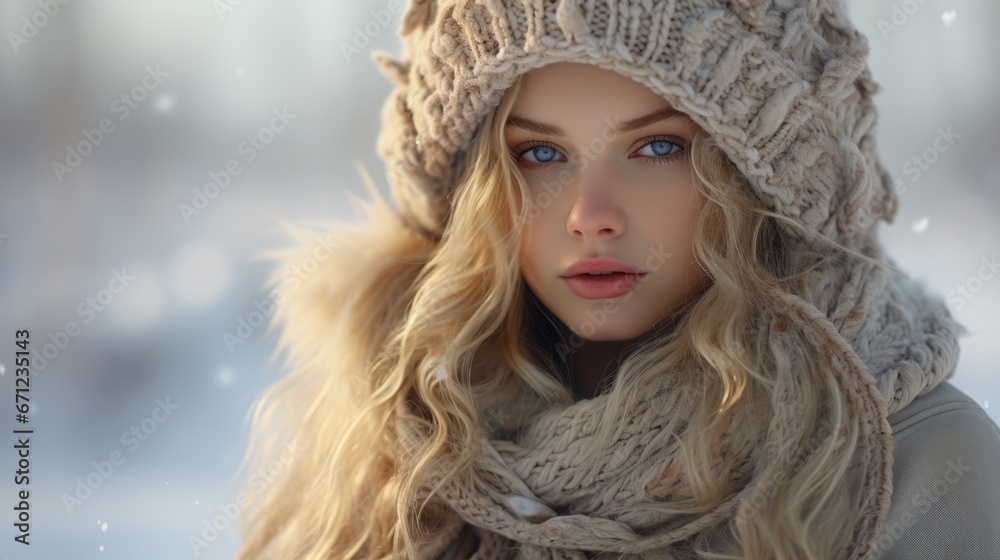 blond woman in knitted winter cap and scarf ai generated blond woman in knitted winter cap and scarf ai generated