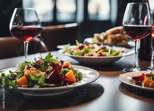 an elegant table with plates of food and wine glasses next to a bowl of salad and a glass of wine  