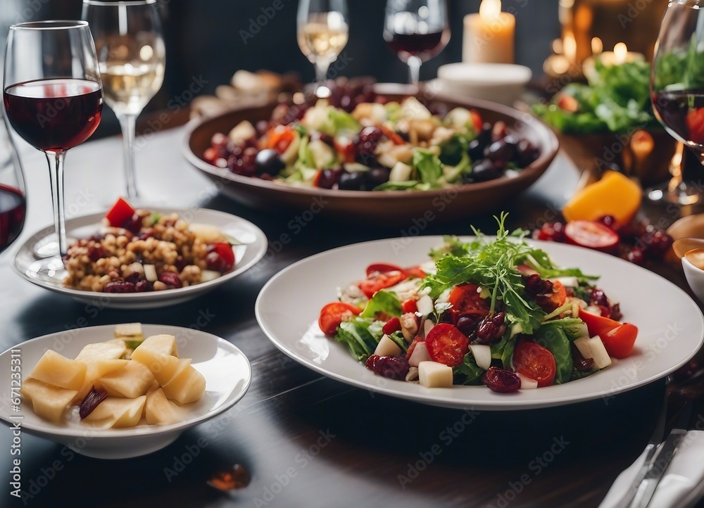 an elegant table with plates of food and wine glasses next to a bowl of salad and a glass of wine
an elegant table with plates of food and wine glasses next to a bowl of salad and a glass of wine