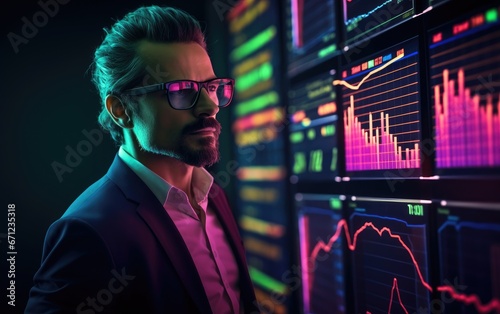 A professional trader with a confident posture standing in a futuristic classroom, interactive digital blackboard displaying complex stock charts
