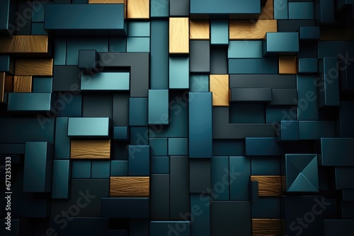 3d rendering of abstract geometric composition in blue and gold colors.