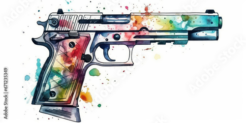 Watercolor drawing of a firearm. Generative AI.