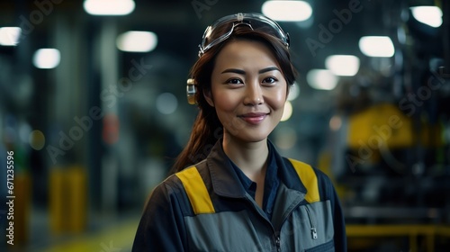  Portrait of a smiling female engineer at an oil refinery, confidently overseeing operations, maintaining safety standards, and ensuring the efficient production of petroleum products generative ai