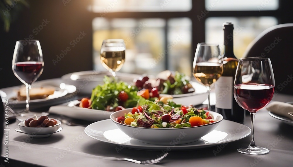 an elegant table with plates of food and wine glasses next to a bowl of salad and a glass of wine

