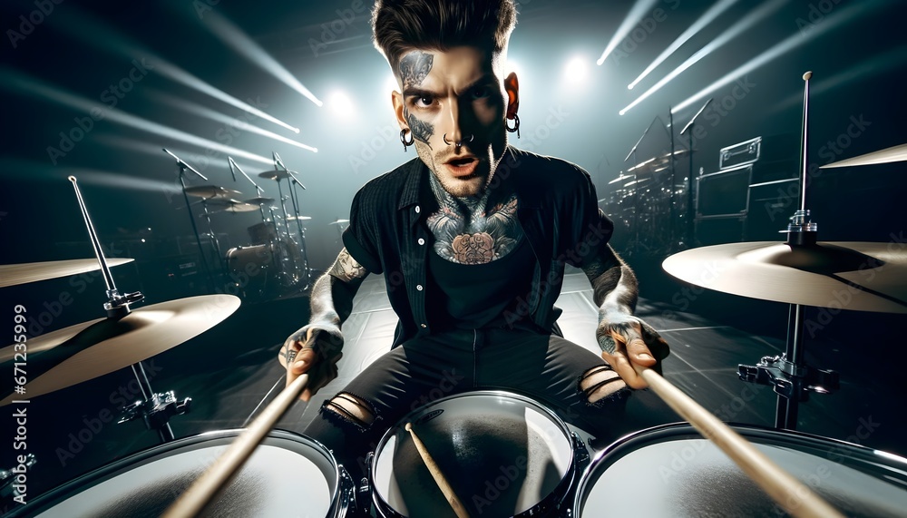 Fototapeta premium Portrait of heavy metal tattooed drummer drumming at concert, hard rock concept, musical background