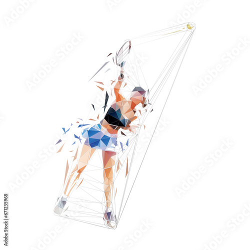 Tennis serve, woman playing tennis, isolated low polygonal vector illustration, front view