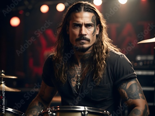 Portrait of heavy metal tattooed drummer drumming at concert, hard rock concept, musical background