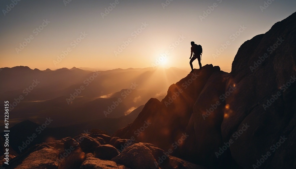 silhouette of a climber climbing a cliffy rocky mountain against the sun at sunset

