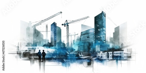 Illustration digital building construction engineering with double exposure graphic design. Building engineers, architect people, or construction workers working. AI generative