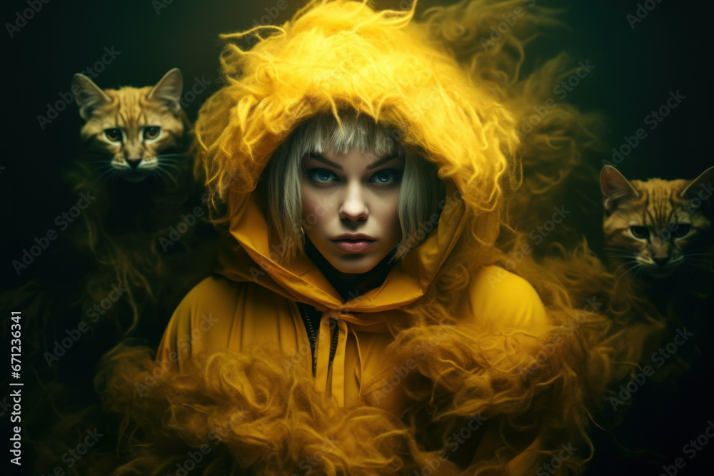 Yellow Furry Dream: Gaze of a Young Blond Woman in a Yellow Hooded Coat Surrounded by Yellow Wisps and Puffs of Smoke with Cat Heads Emerging from the Black Background