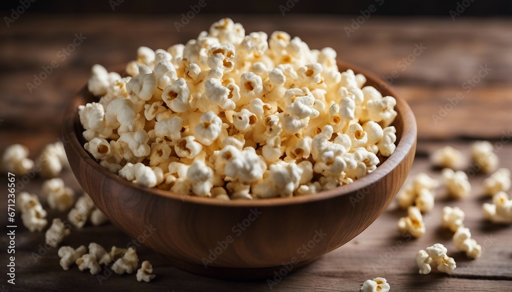 A wooden bowl of salted popcorn at the old wooden table. copy space for text A wooden bowl of salted popcorn at the old wooden table. copy space for text
