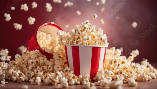 Spilled popcorn and paper bucket in red strip box, isolated background
