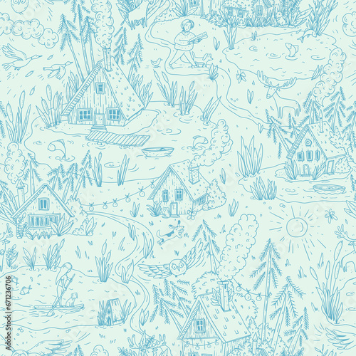 Hand-drawn vector lake cabin seamless pattern, Rustic forest house texture