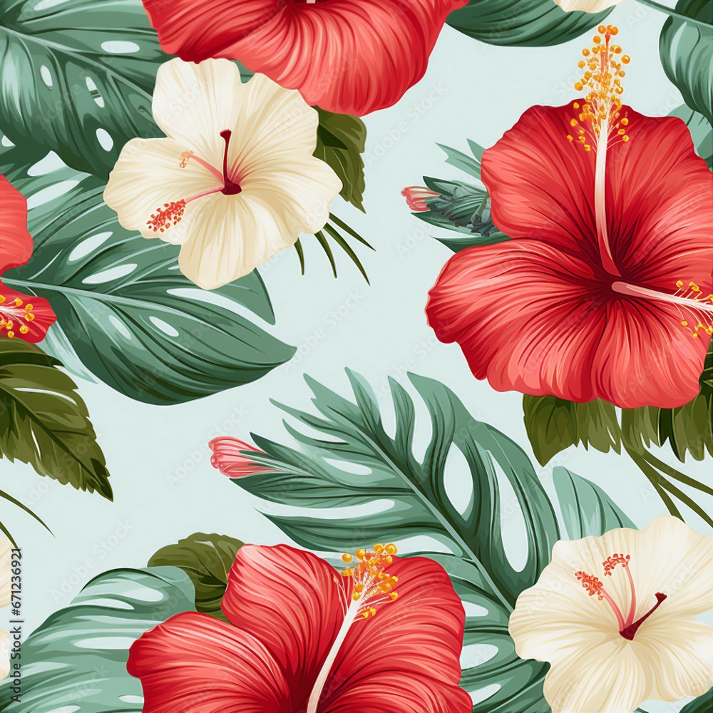 Hibiscus Blossoms and Palm Leaves Pattern Hibiscus Blossoms and Palm Leaves Pattern