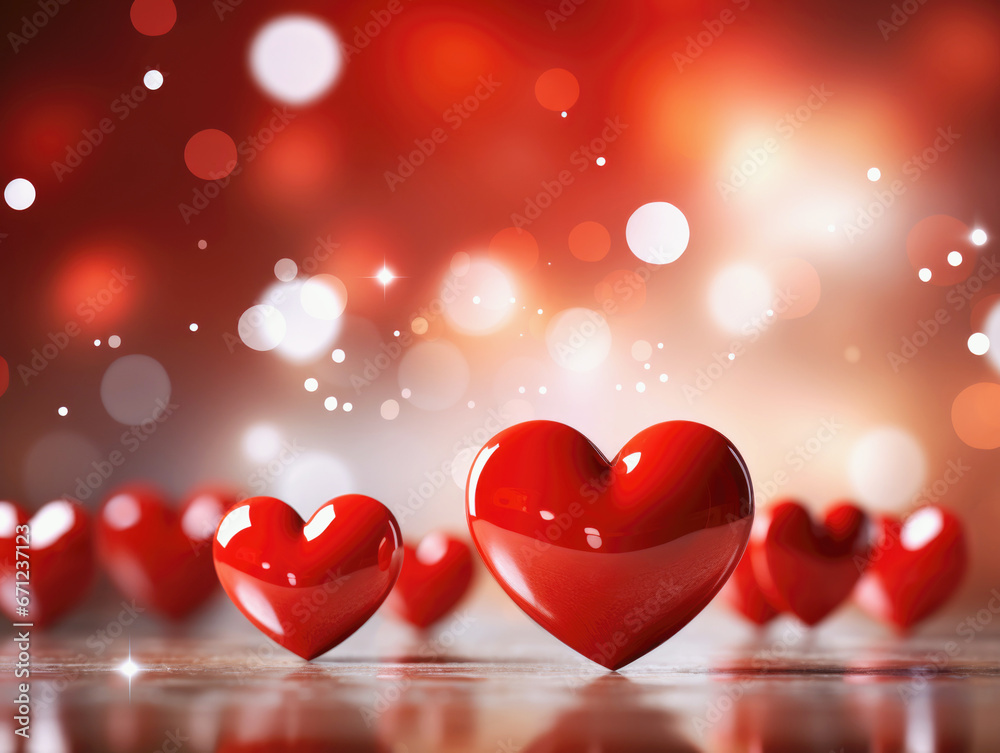 bright red glossy hearts on a background with bokeh, card with copy space