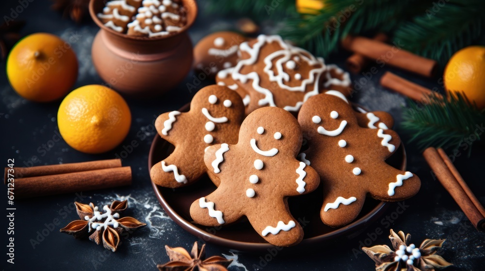 Christmas gingerbread man cookies and spices stock photo