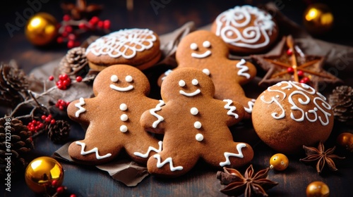 Christmas gingerbread man cookies and spices stock photo