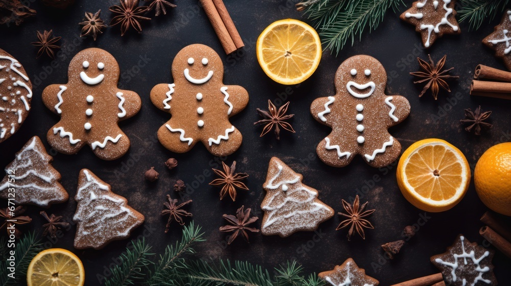 Naklejka premium Christmas gingerbread man cookies and spices stock photo