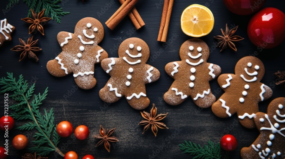 Naklejka premium Christmas gingerbread man cookies and spices stock photo