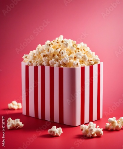 Spilled popcorn and paper bucket in red strip box, isolated background  © abu