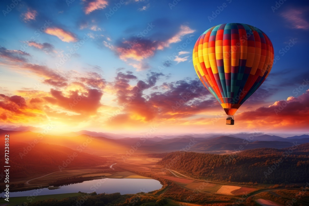 Obraz premium Hot air balloon with a natural landscape on a beautiful sunset