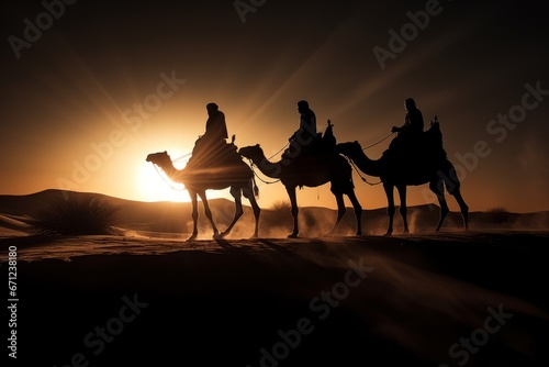 Fototapeta The three wise men on their camels traveling through the desert with the sun ref