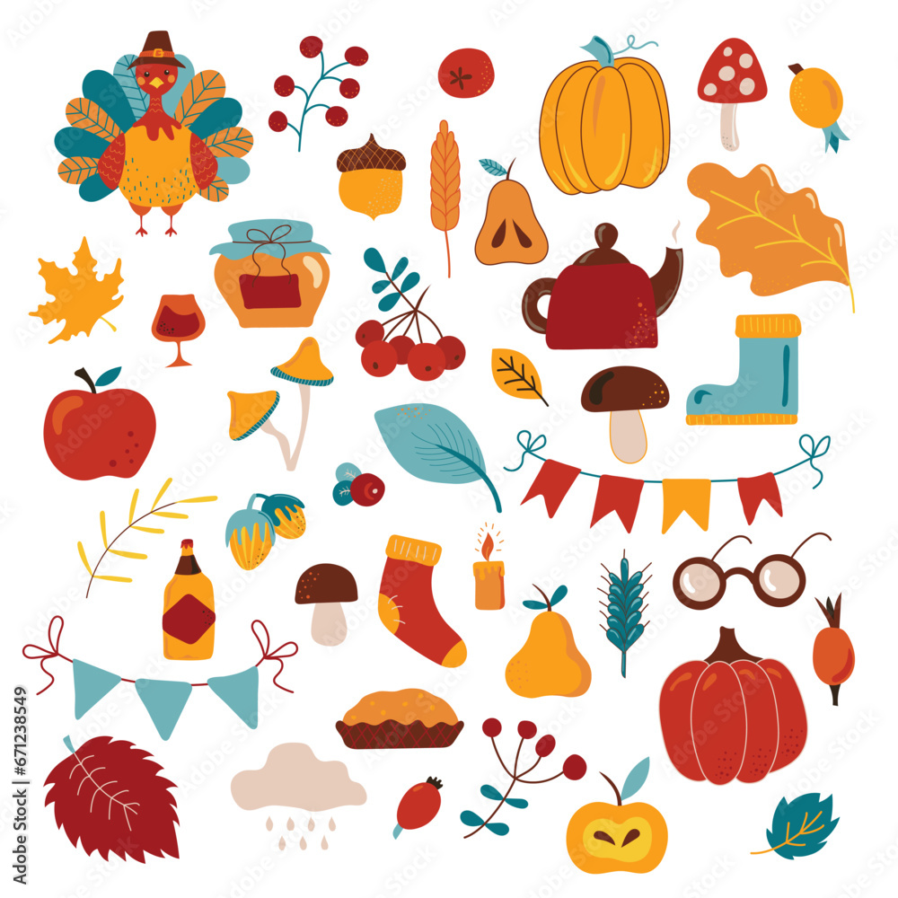Colorful, bright vector handmade set of items and symbols on the autumn Thanksgiving theme. All objects are separated. Vector illustration