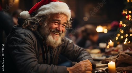 80 year old happy old man celebrating Christmas in pub wearing a santa claus hat