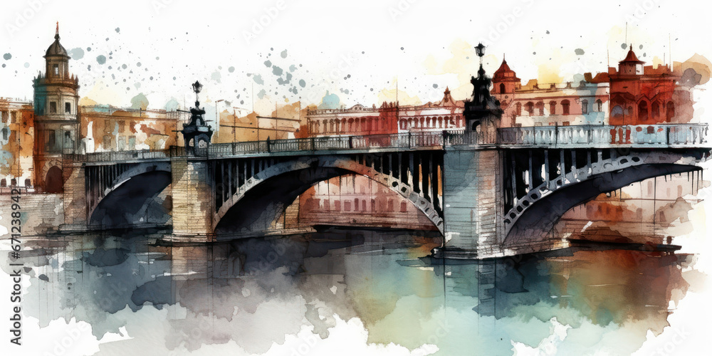 Watercolor drawing of the Triana bridge in Seville. Generative AI.