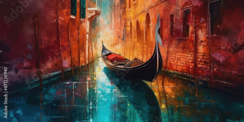 Watercolor drawing of the gondolas in the canals of Venice. Generative AI.