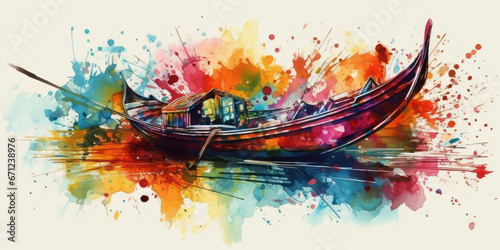 Watercolor drawing of the gondolas in the canals of Venice. Generative AI.