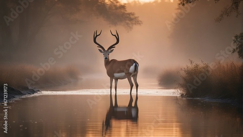 gazelle drinking from a foggy and cloudy river at sunrise

