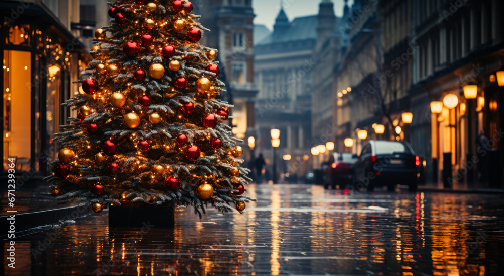A christmas tree is lit up in an evening location. A christmas tree on a city street in the rain