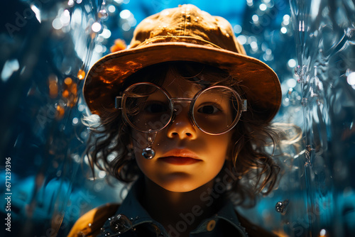 Boy with goggles floats under water. A young boy wearing glasses and a hat photo