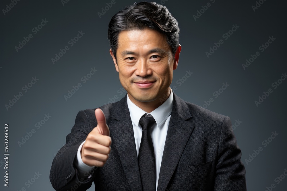 Male businessman in suit shows thumbs up on gray background Male businessman in suit shows thumbs up on gray background