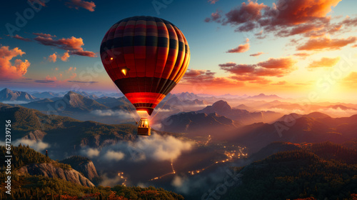 Hot Air Balloon Floating Above Majestic Mountain Peaks. A hot air balloon flying over a mountain range