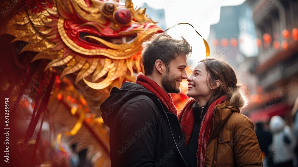 Young European couple traveling to China, to enjoy the Chinese New Year. Generative AI Young European couple traveling to China, to enjoy the Chinese New Year. Generative AI