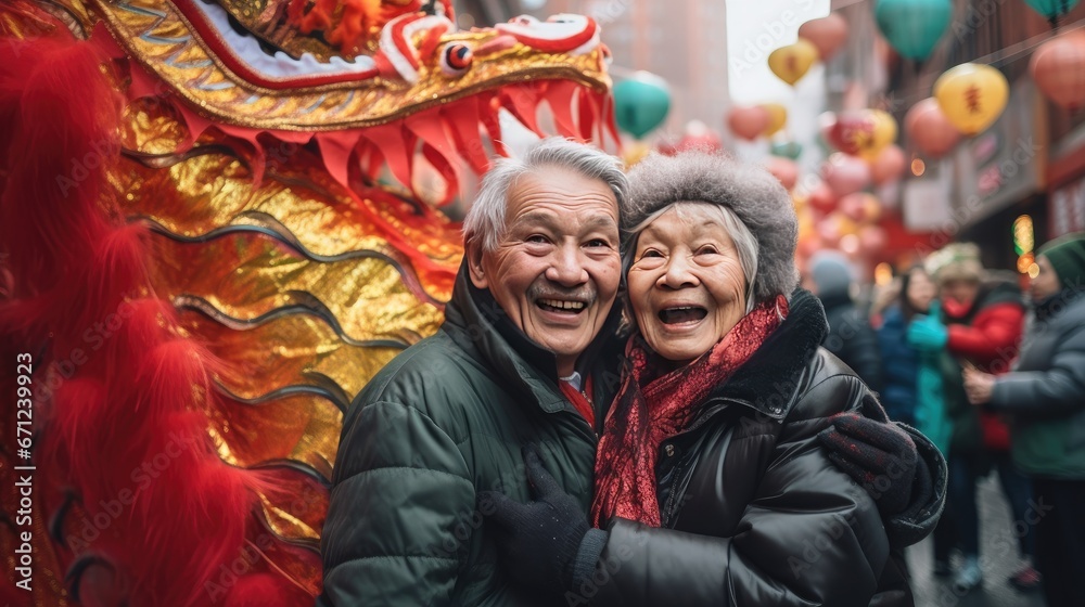 Asian senior couple enjoying Chinese New Year on the city street. Generative AI