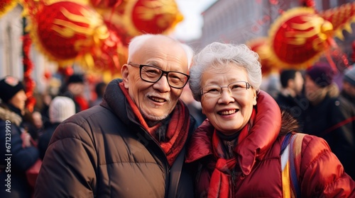 Portrait of Asian elderly couple enjoying Chinese New Year on the city street. Generative AI