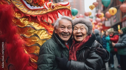 Asian senior couple enjoying Chinese New Year on the city street. Generative AI