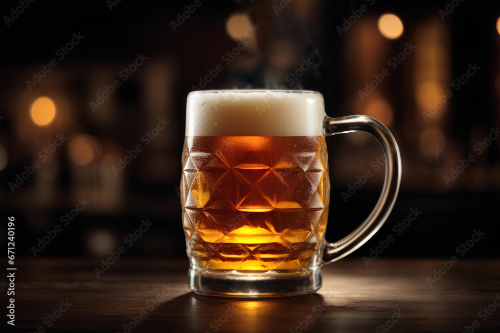 Glass of beer with foam on a bar counter in a pub on dark background. Alcohol drink. Commercial promotional food photo