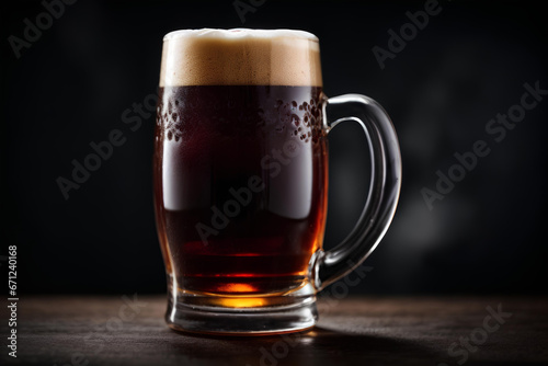 Glass of dark beer with foam on dark background. Commercial promotional food photo