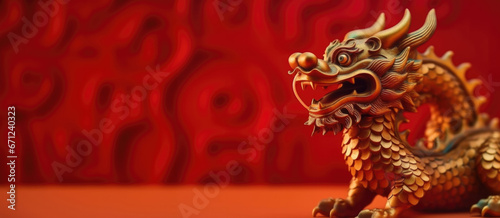 Chinese New Year greeting card golden dragon on red background, 2024