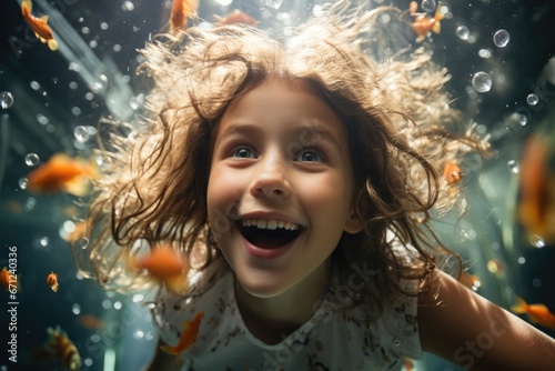 A joyful smiling girl swims with a leash among goldfish