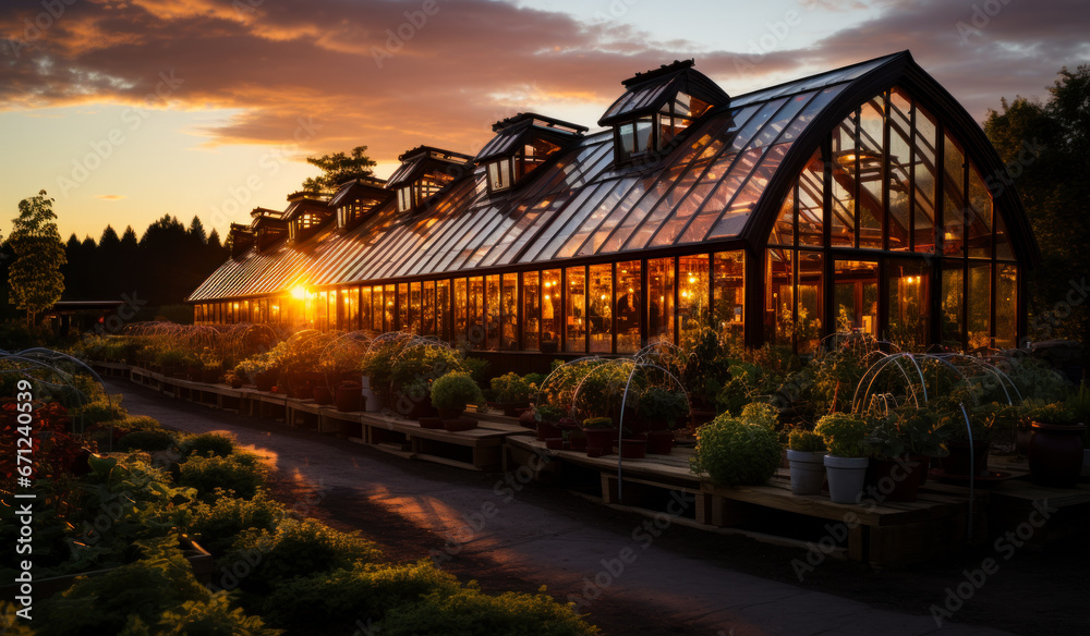 A scene with a huge greenhouse at sunset. A large greenhouse with lots of plants growing inside of it