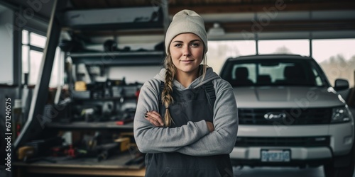 KFZ-Mechanikerin in der Werkstatt, Portrait photo
