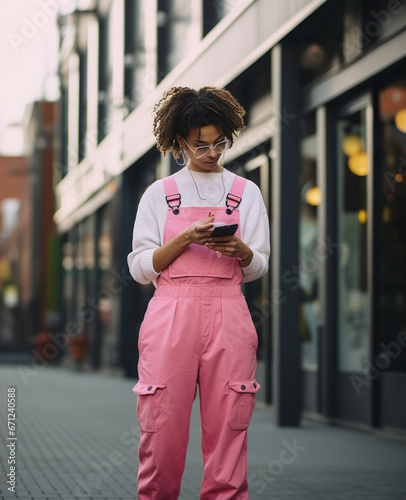 young beautiful afro american woman in pink overalls with mobile phone in the citywith a phone in the city photo