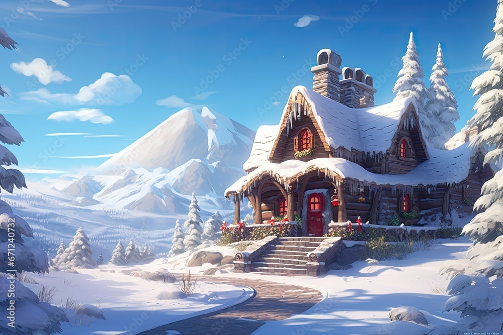 Santa Claus house at North Pole. Holiday of Christmas and New Year. Rustic cozy fairy-tale house. - obrazy, fototapety, plakaty 